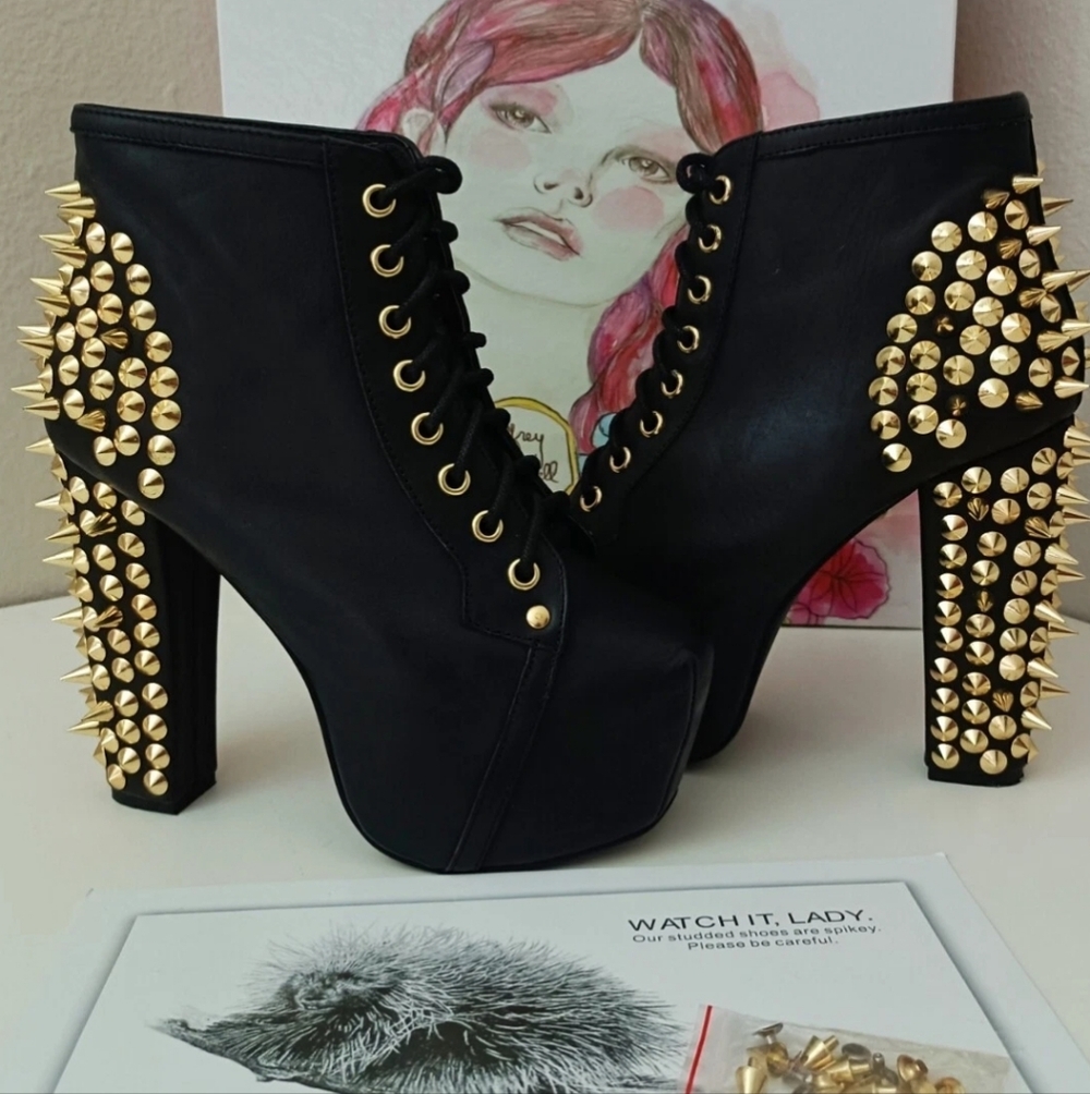 Jeffrey Campbell LITA Black Leather Gold Spikes Booties Size 6 - Picture 4 of 13